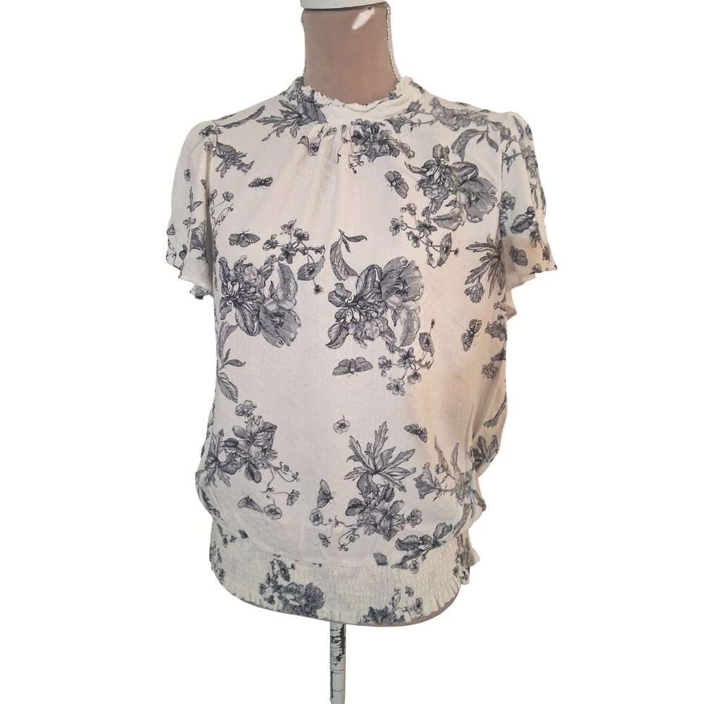 Rose + Olive Women XL Cream Black Floral Butterfly Smocked Blouse Mock Neck Top